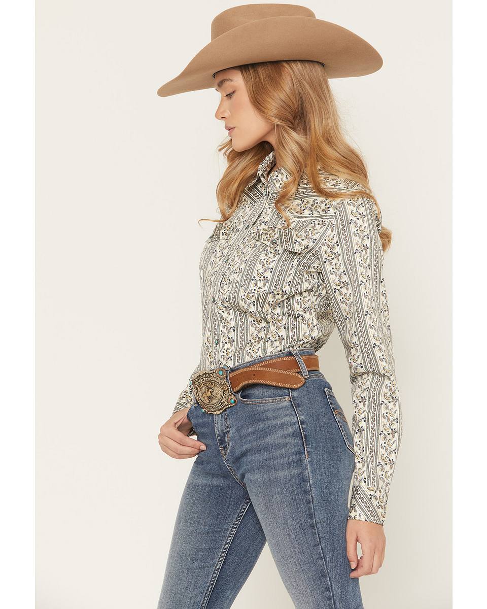 Women's Paisley Wallpaper Print Long Sleeve Snap Stretch Western Shirt