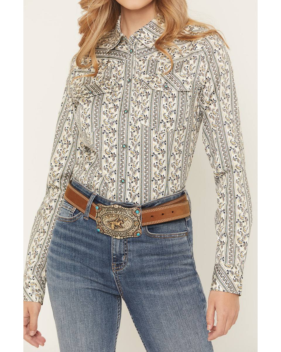 Women's Paisley Wallpaper Print Long Sleeve Snap Stretch Western Shirt