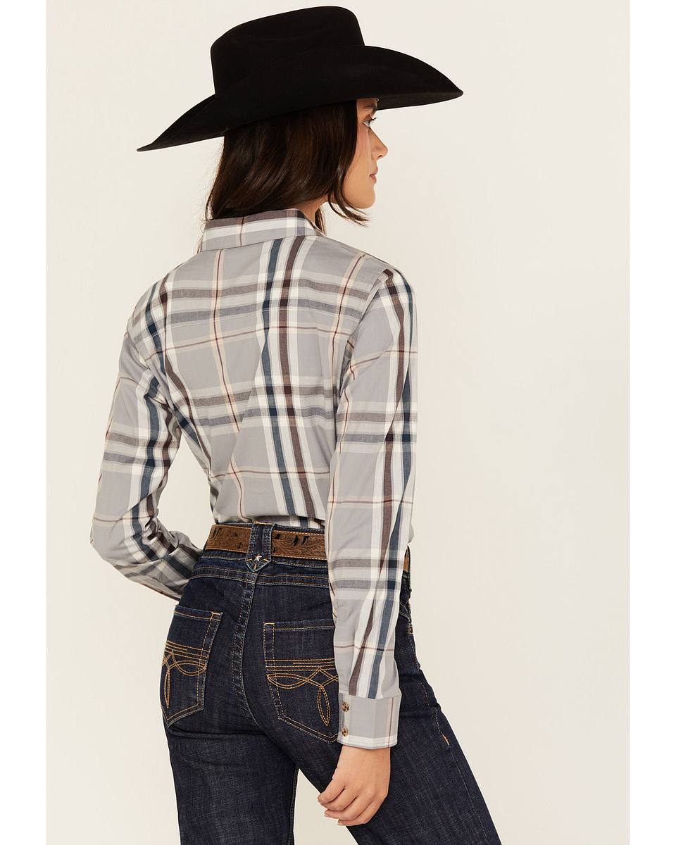 Women's Plaid Print Long Sleeve Button-Down Stretch Western Shirt