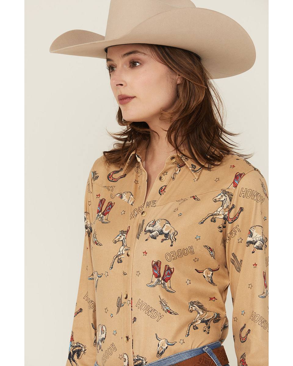 Women's Conversational Western Print Faux Suede Long Sleeve Button-Down Western Shirt