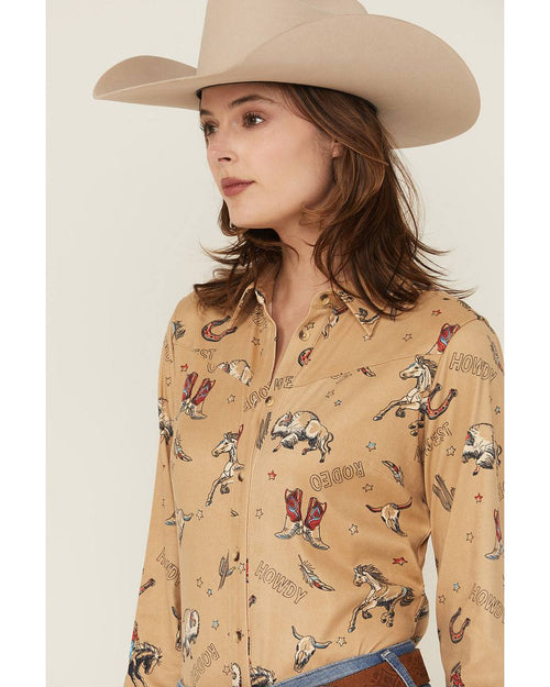 Women's Conversational Western Print Faux Suede Long Sleeve Button-Down Western Shirt