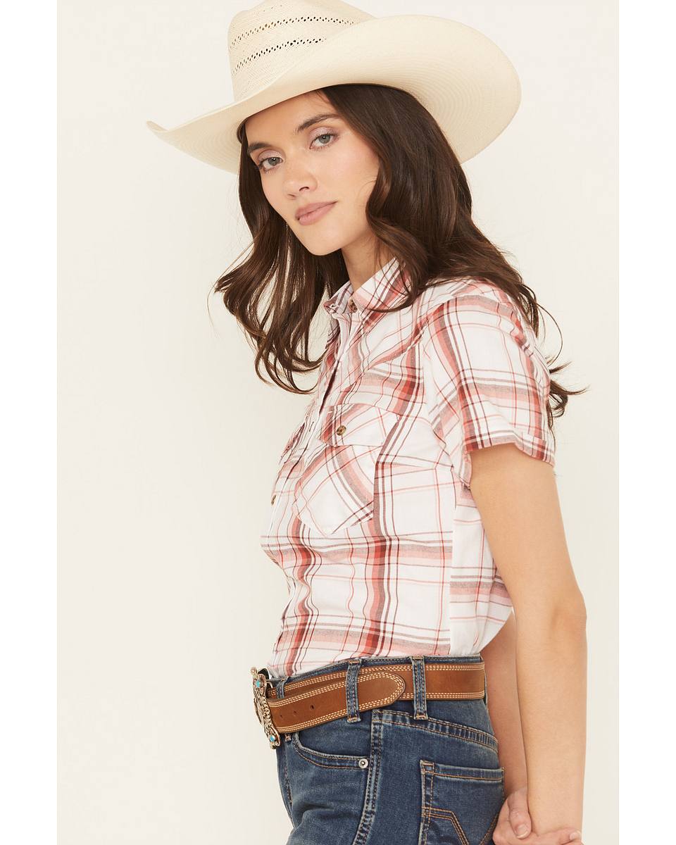 Women's Plaid Print Short Sleeve Button-Down Western Shirt