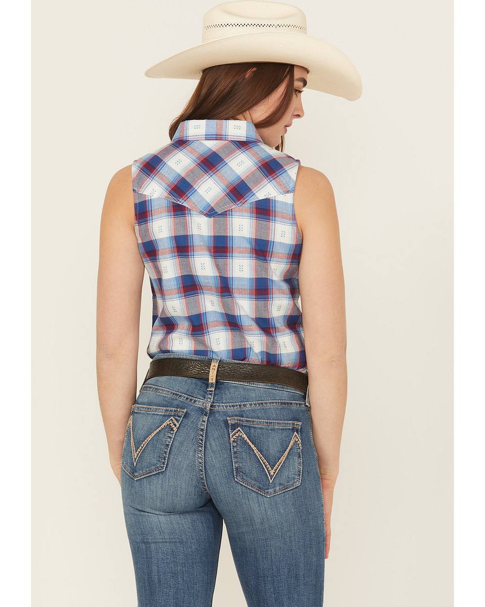 Women's Dobby Plaid Print Sleeveless Snap Western Shirt
