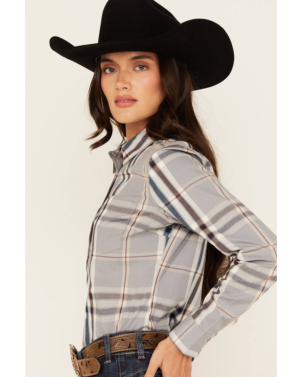 Women's Plaid Print Long Sleeve Button-Down Stretch Western Shirt
