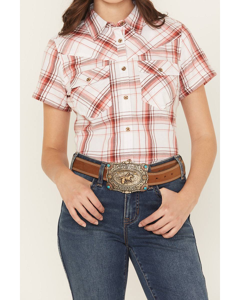 Women's Plaid Print Short Sleeve Button-Down Western Shirt