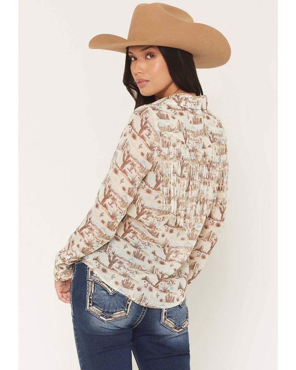 Women's Mckean Desert Print Long Sleeve Fringe Button-Down Chiffon Western Shirt
