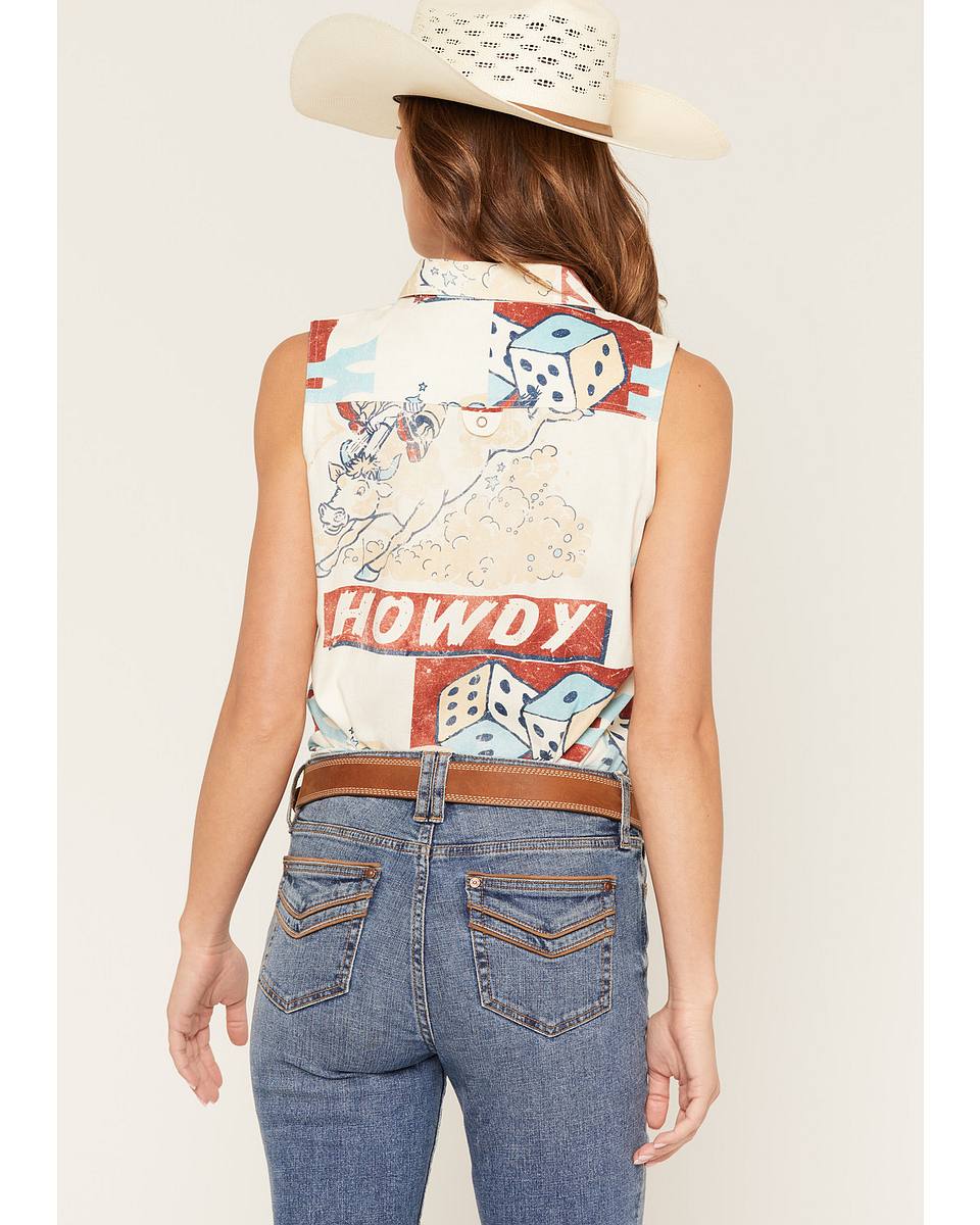 Women's Santa Clara Conversation Print Sleeveless Snap Western Shirt