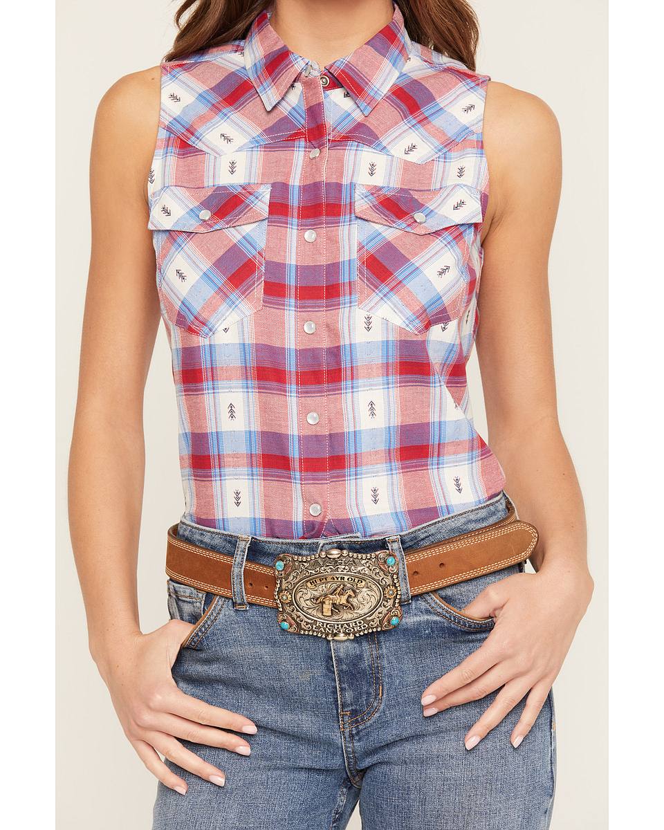 Women's Rushmore Dobby Plaid Print Sleeveless Snap Western Shirt
