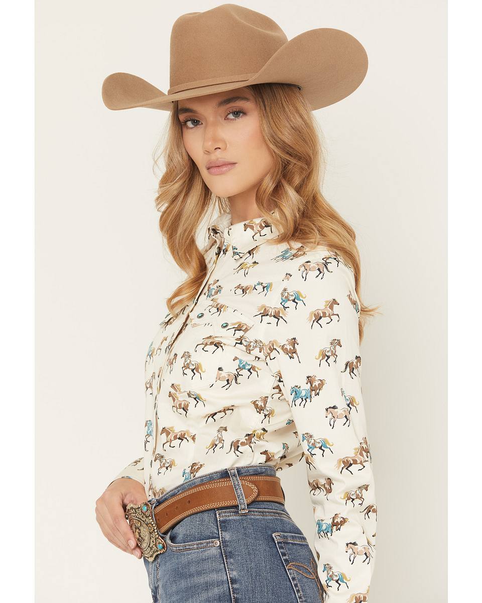 Women's Horse Print Long Sleeve Snap Stretch Western Shirt