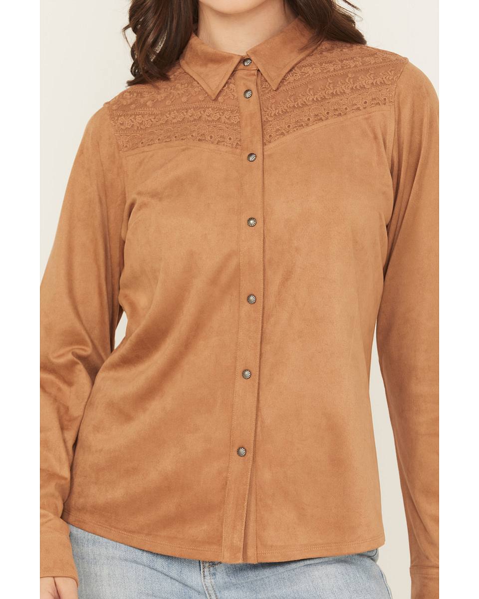 Women's Faux Suede Lace Yoke Long Sleeve Button-Down Western Shirt