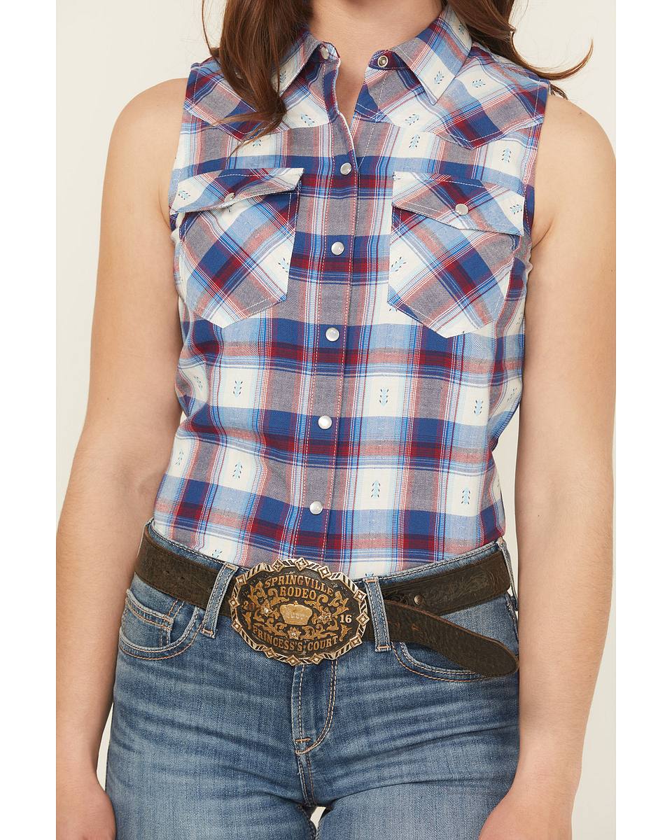 Women's Dobby Plaid Print Sleeveless Snap Western Shirt