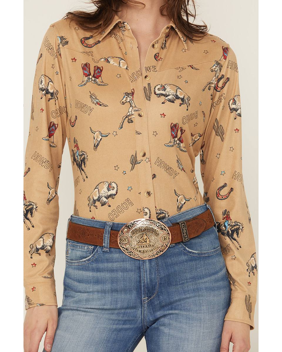Women's Conversational Western Print Faux Suede Long Sleeve Button-Down Western Shirt