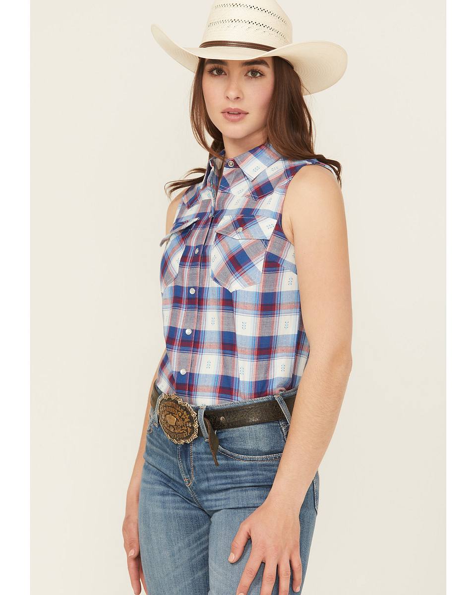 Women's Dobby Plaid Print Sleeveless Snap Western Shirt