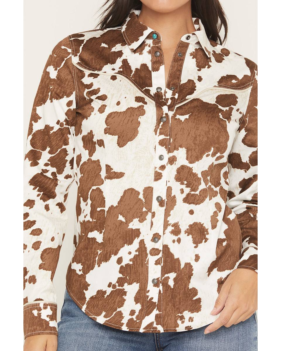 Women's Junegrass Cow Print Long Sleeve Snap Stretch Western Shirt