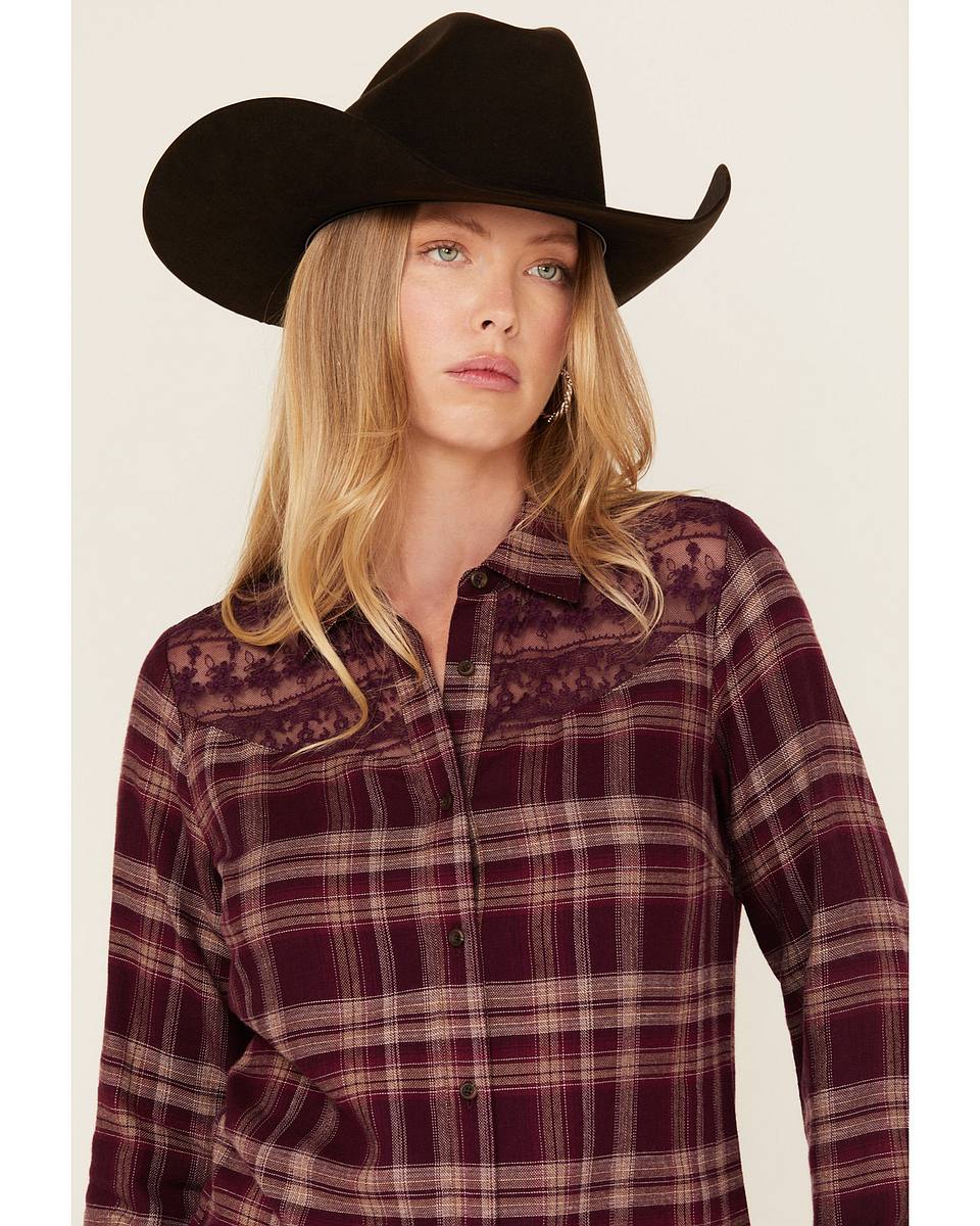 Women's Lace Yoke Plaid Print Long Sleeve Button-Down Western Shirt