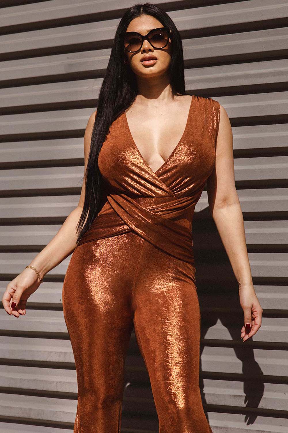 Symphony Jumpsuit - Slinky Foil Criss-Cross Top Jumpsuit | Zezebe