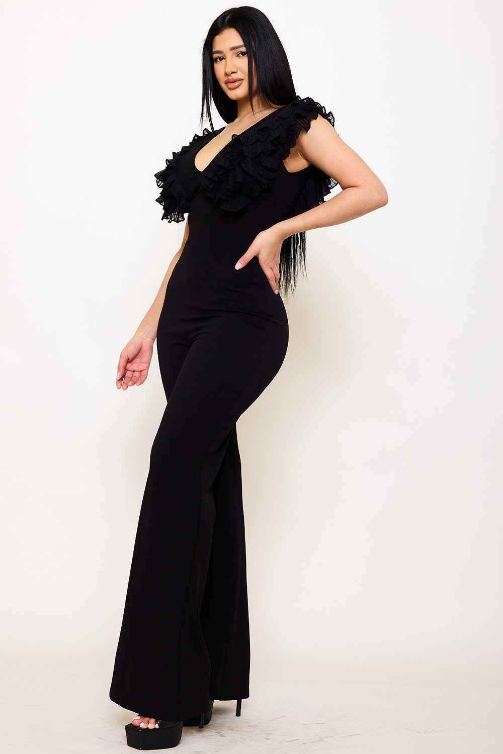 Symphony Jumpsuit - Ruffle Sleeve Techno Crepe Jumpsuit | Zezebe