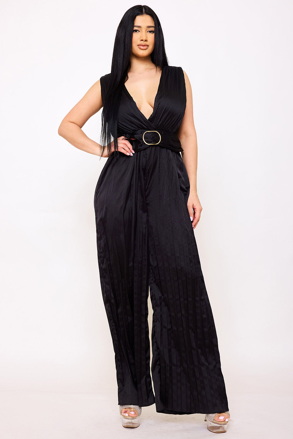 Symphony Jumpsuit - Woven Satin Pleated Jumpsuit | Zezebe