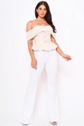 Symphony Jumpsuit - Tweed Off The Shoulder Peplum Top Jumpsuit | Zezebe