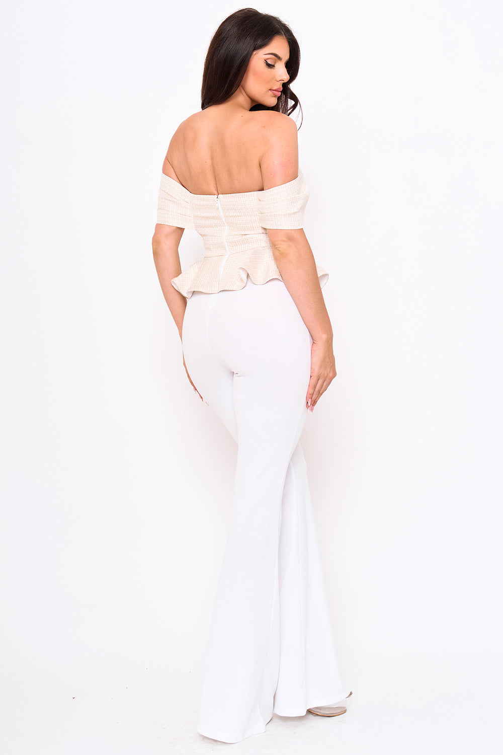Symphony Jumpsuit - Tweed Off The Shoulder Peplum Top Jumpsuit | Zezebe