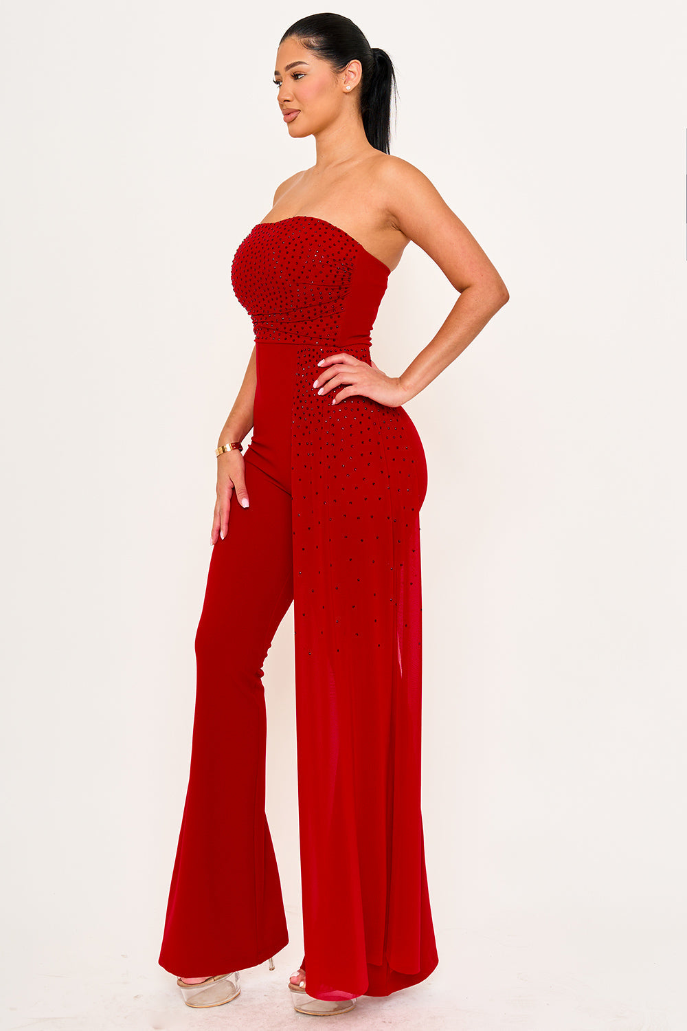 Symphony Jumpsuit - Rhinestone On Mesh Tube Top Jumpsuit | Zezebe