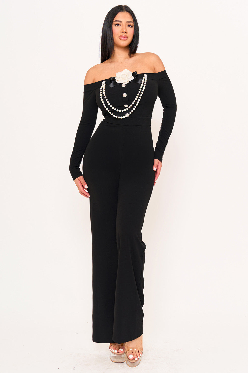 Symphony Jumpsuit - Off The Shoulder Contrast Trim Jumpsuit | Zezebe