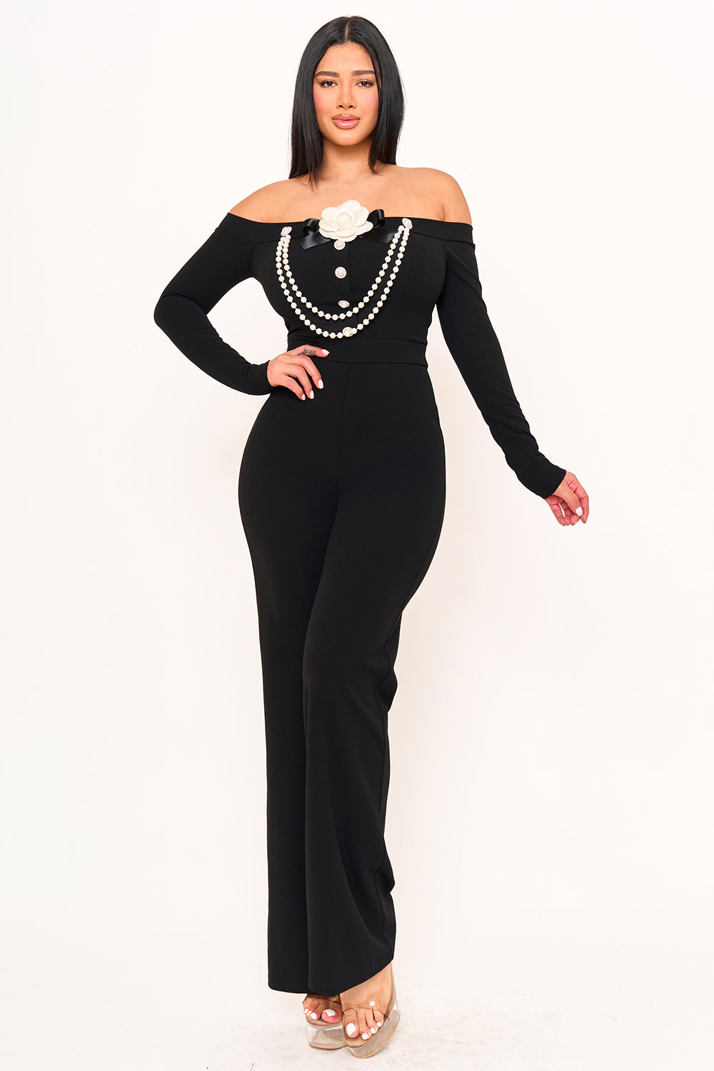 Symphony Jumpsuit - Off The Shoulder Contrast Trim Jumpsuit | Zezebe