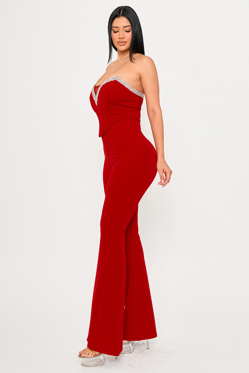 Symphony Jumpsuits- Rhinestone Tape Trim Around Bust Jumpsuit | Zezebe