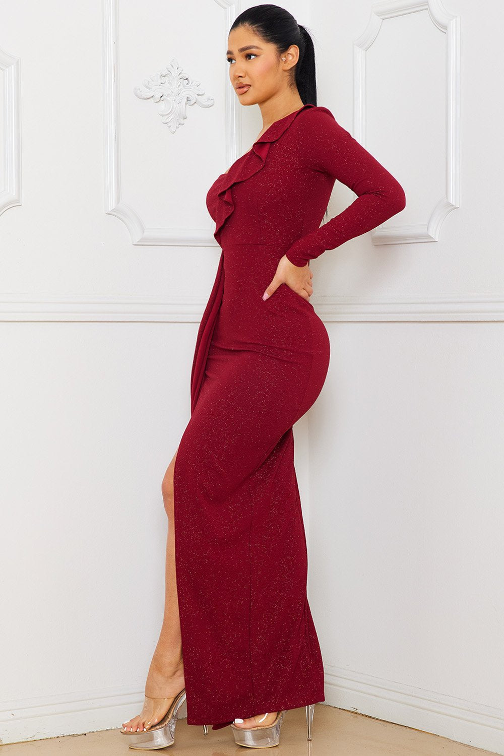 Symphony Dress - Glitter Fabric One Shoulder Maxi Dress | Zezebe