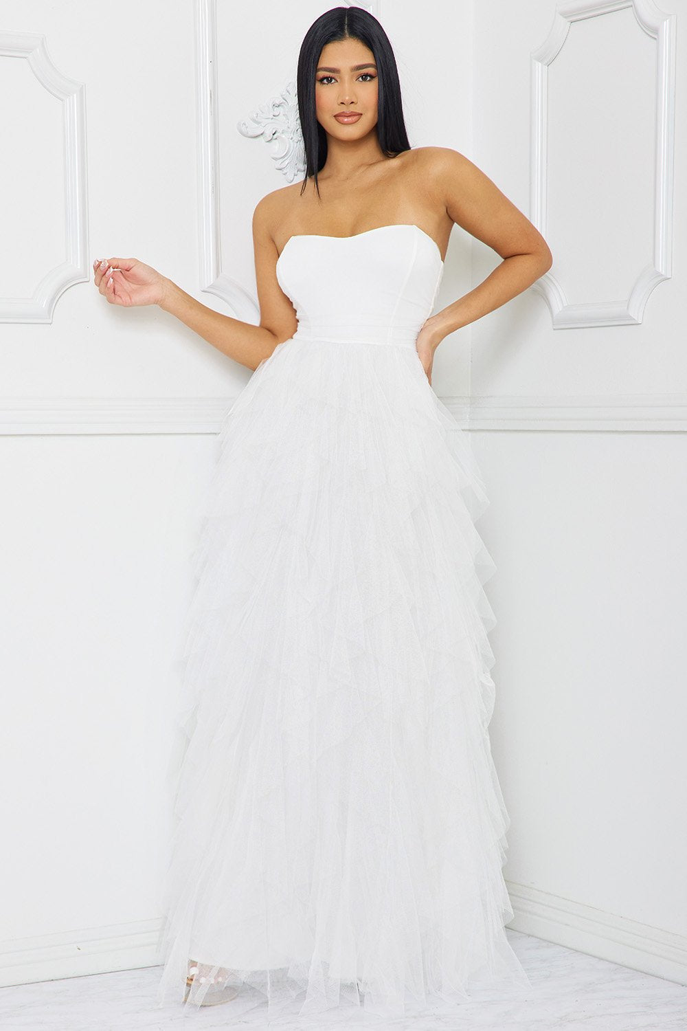 Symphony Dress - Ruffled Tier Tulle Tube Top Maxi Dress | Zezebe