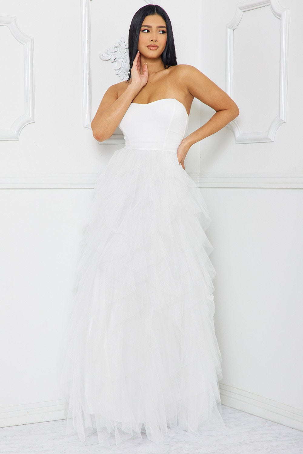 Symphony Dress - Ruffled Tier Tulle Tube Top Maxi Dress | Zezebe