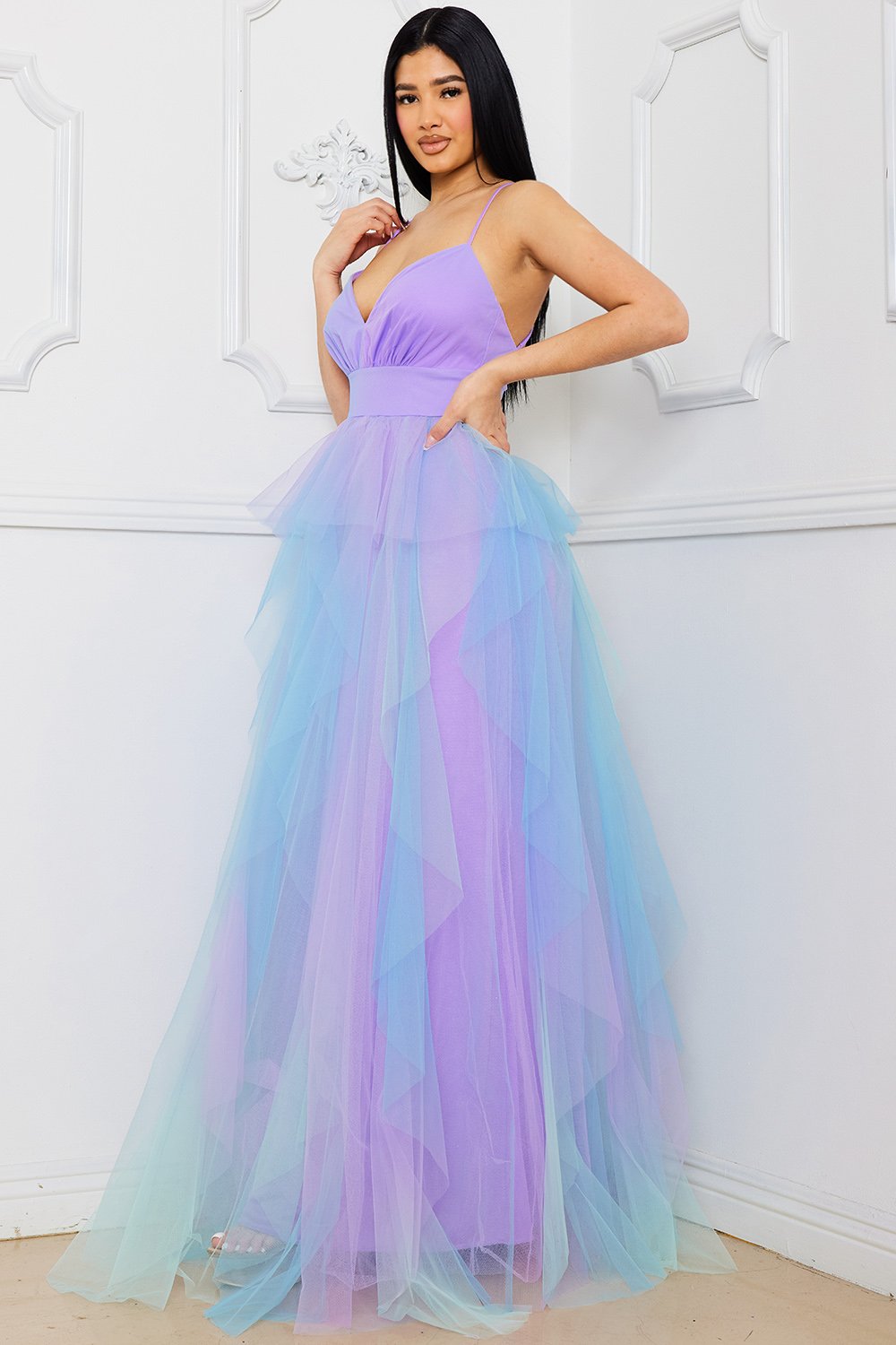 Symphony Dress - Two Tone Mesh Ruffle Maxi Dress | Zezebe