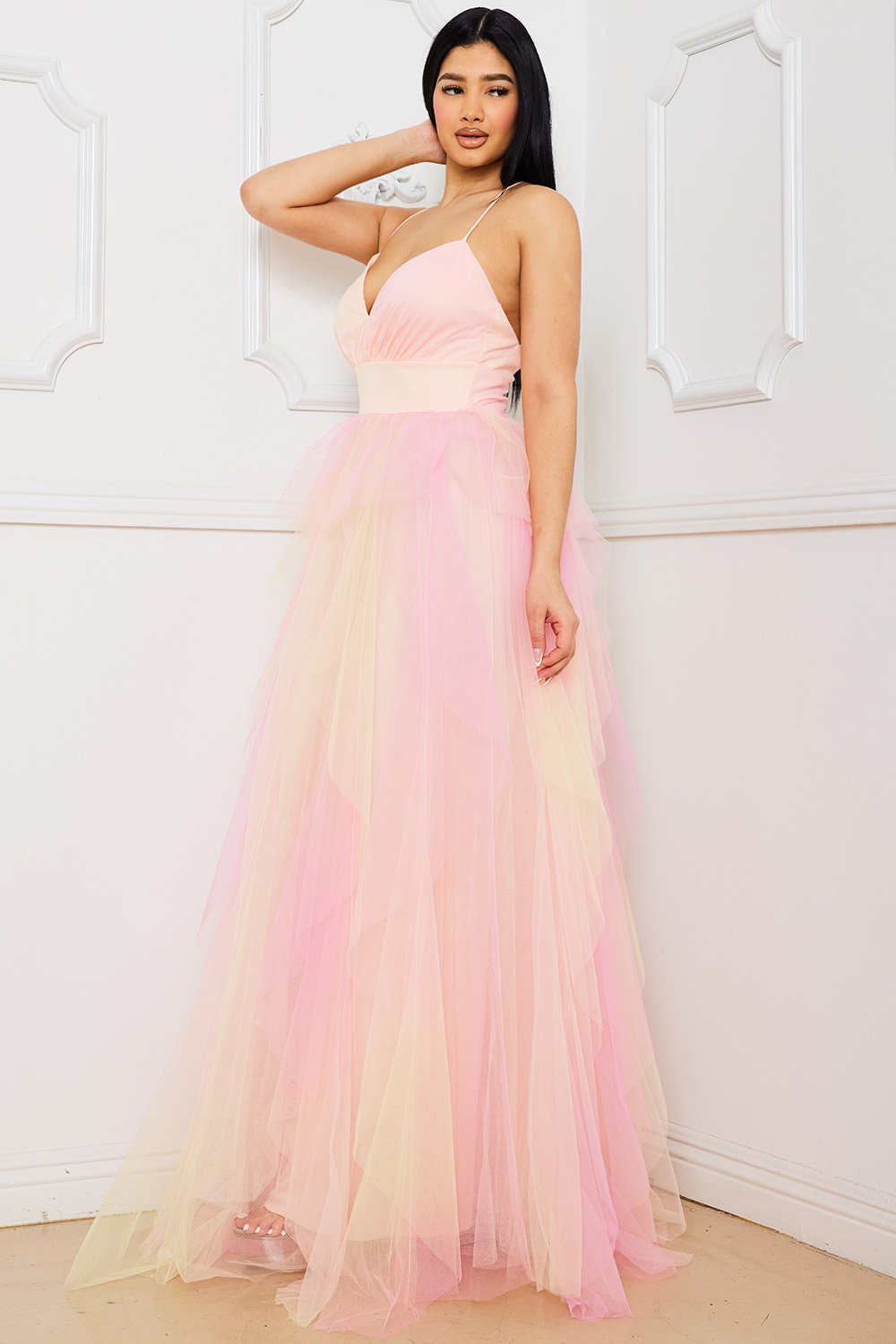 Symphony Dress - Two Tone Mesh Ruffle Maxi Dress | Zezebe