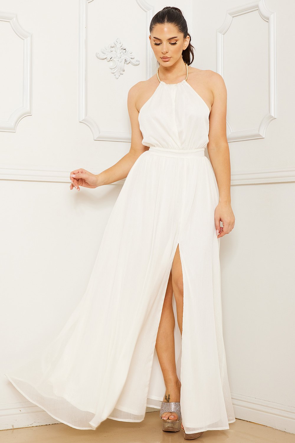 Symphony Dress - Halter Surplice With Chain Necklace Maxi Dress | Zezebe