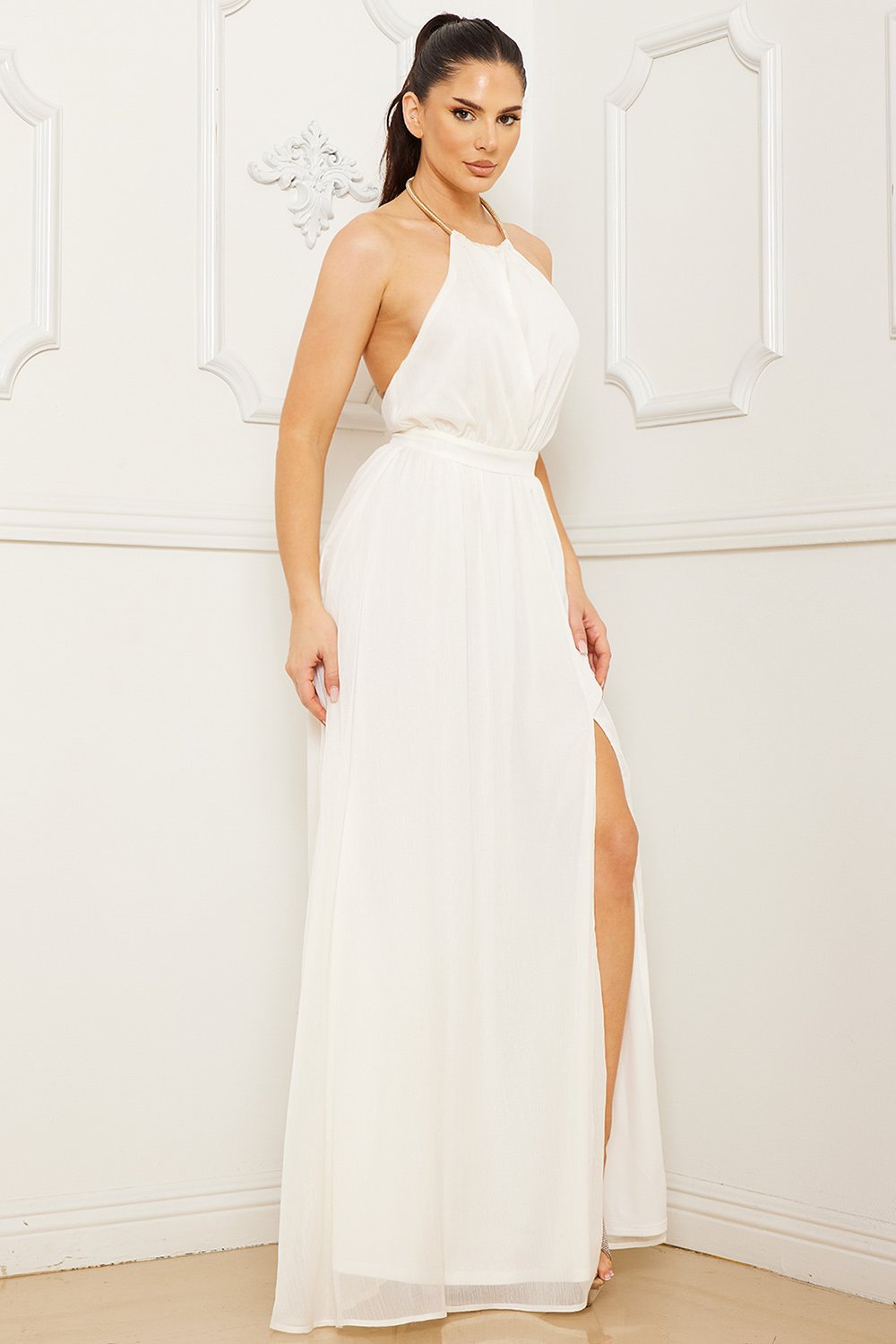 Symphony Dress - Halter Surplice With Chain Necklace Maxi Dress | Zezebe