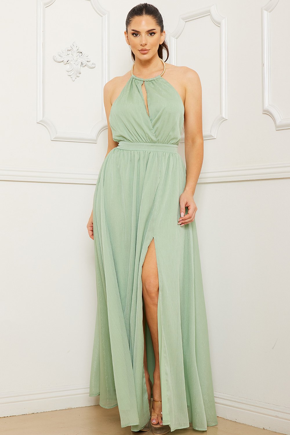 Symphony Dress - Halter Surplice With Chain Necklace Maxi Dress | Zezebe