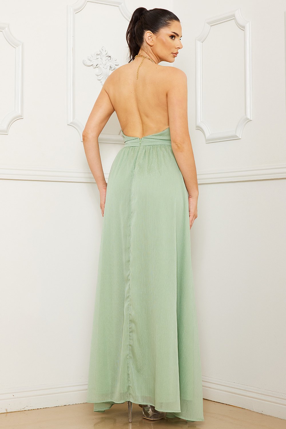 Symphony Dress - Halter Surplice With Chain Necklace Maxi Dress | Zezebe