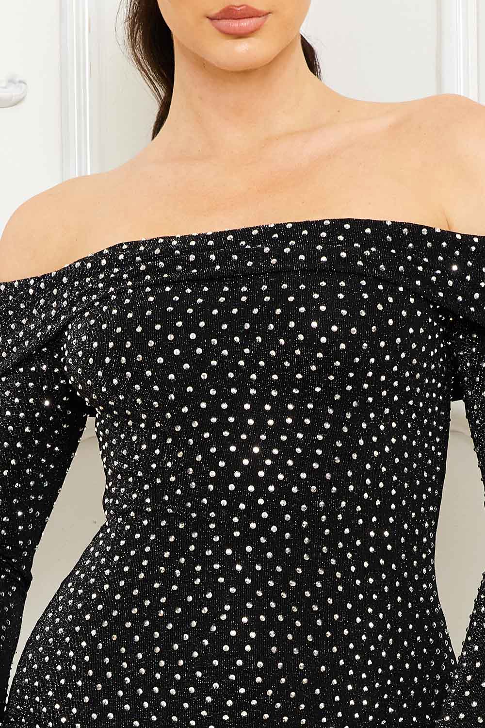 Symphony Dress - Rhinestone Off The Soulder Midi Dress | Zezebe