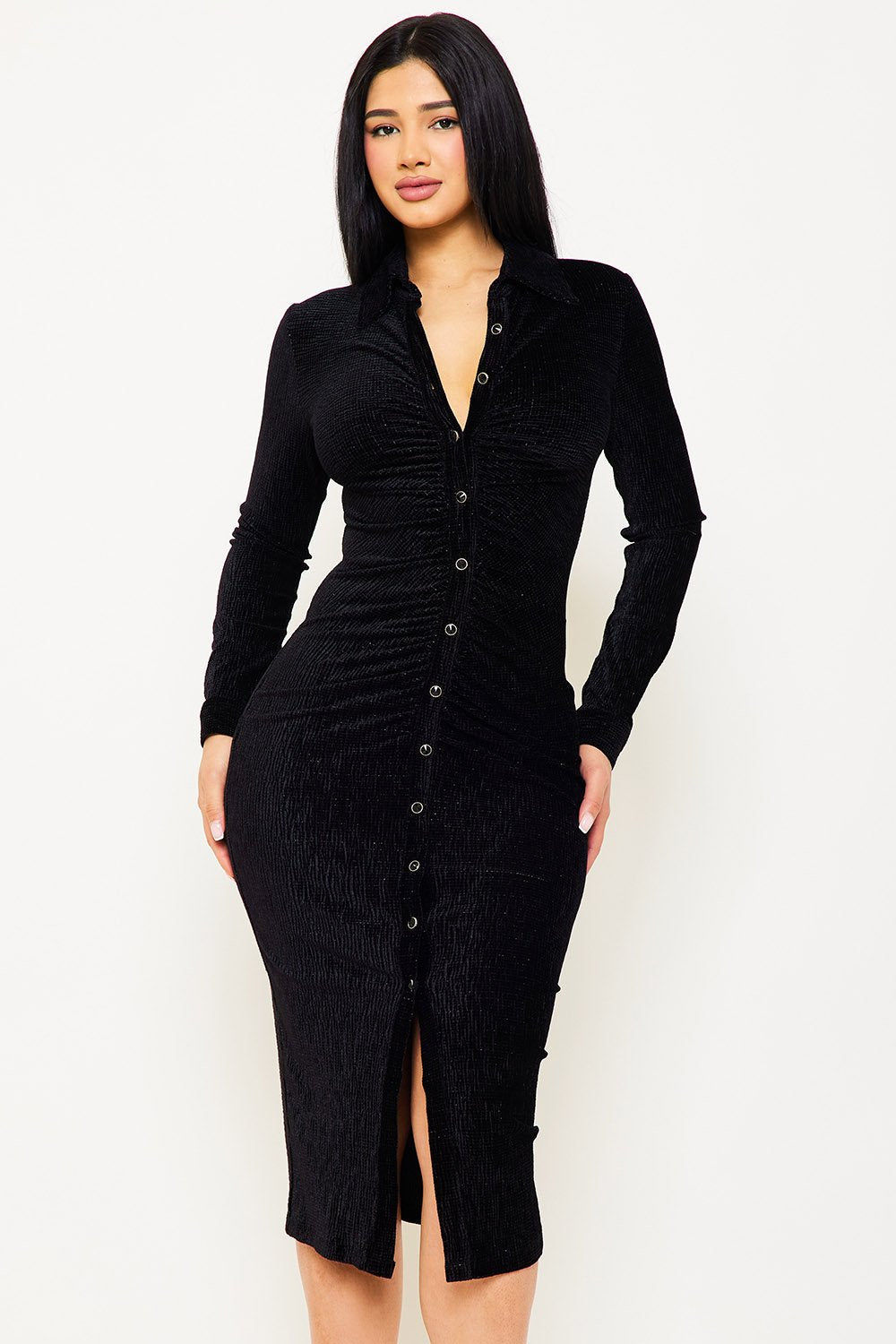 Symphony Dress - Textured Fabric Button Up Front Midi Shirt Dress | Zezebe