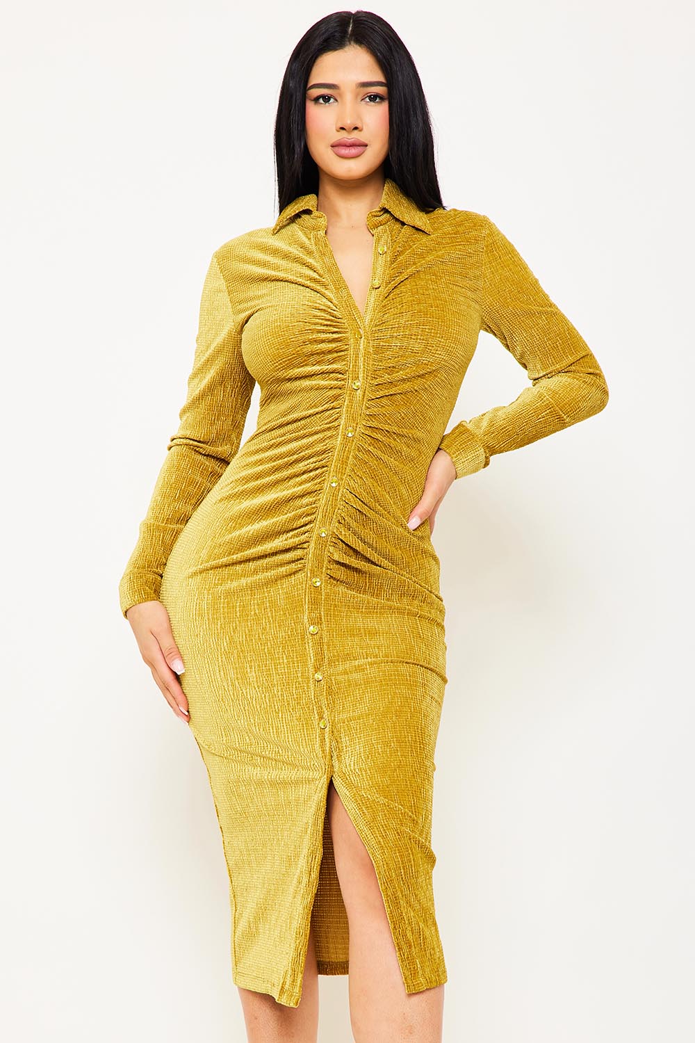 Symphony Dress - Textured Fabric Button Up Front Midi Shirt Dress | Zezebe