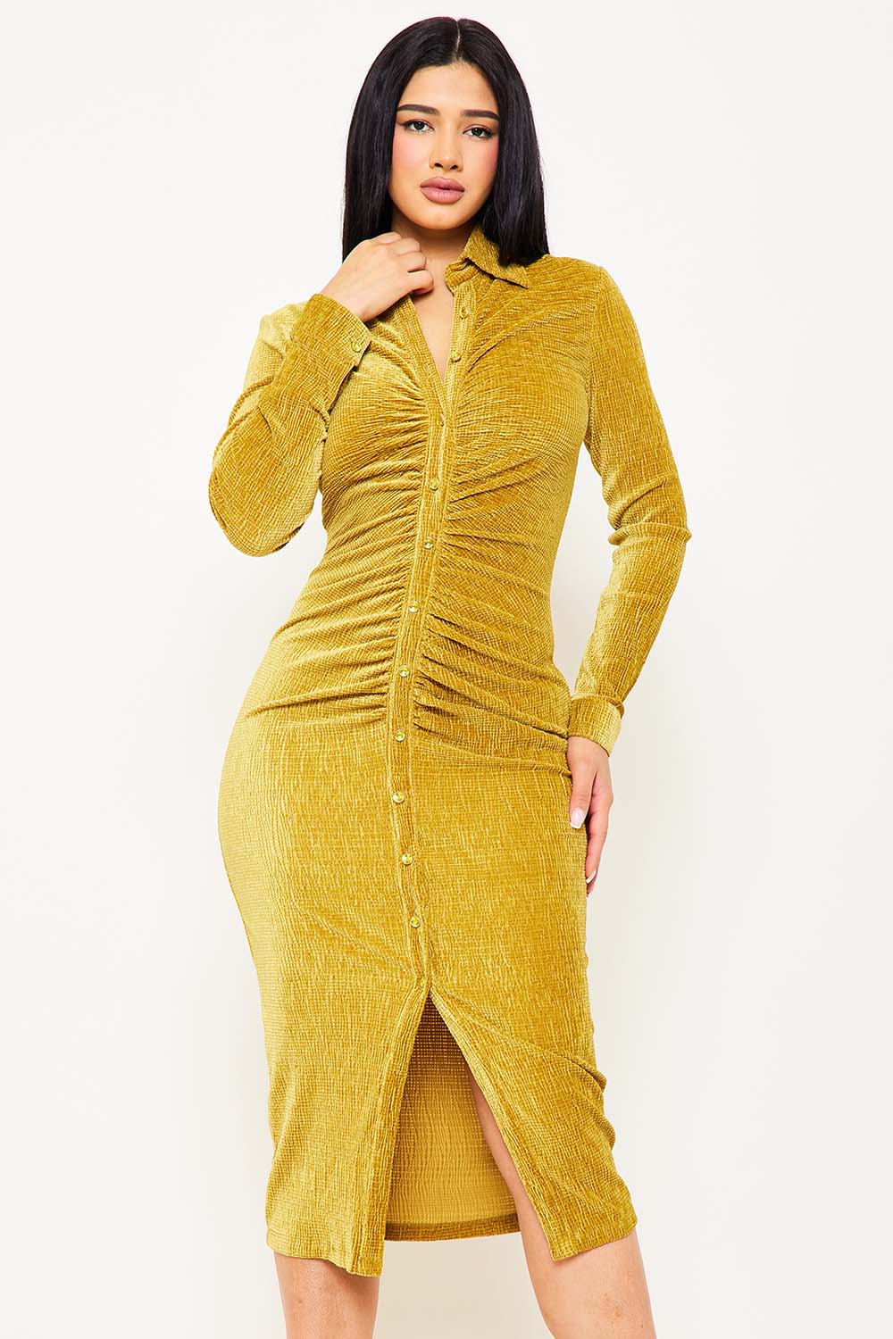 Symphony Dress - Textured Fabric Button Up Front Midi Shirt Dress | Zezebe