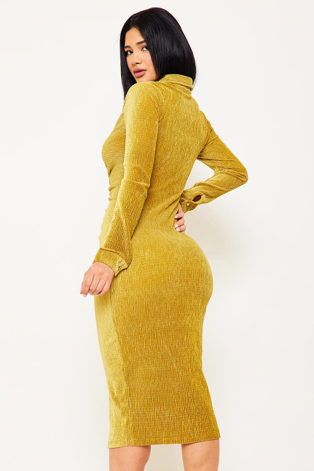 Symphony Dress - Textured Fabric Button Up Front Midi Shirt Dress | Zezebe