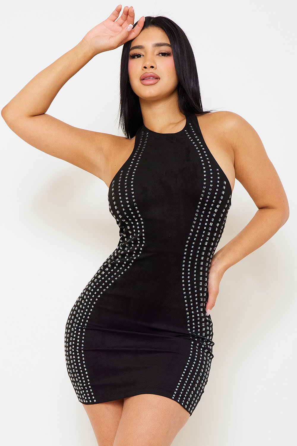 Symphony Dress - Multi Rhinestone Strap Suade Mini Dress | Zezebe