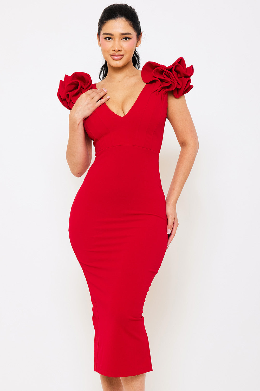 Symphony Dress - Ruffle Detail Shoulder Midi Dress | Zezebe
