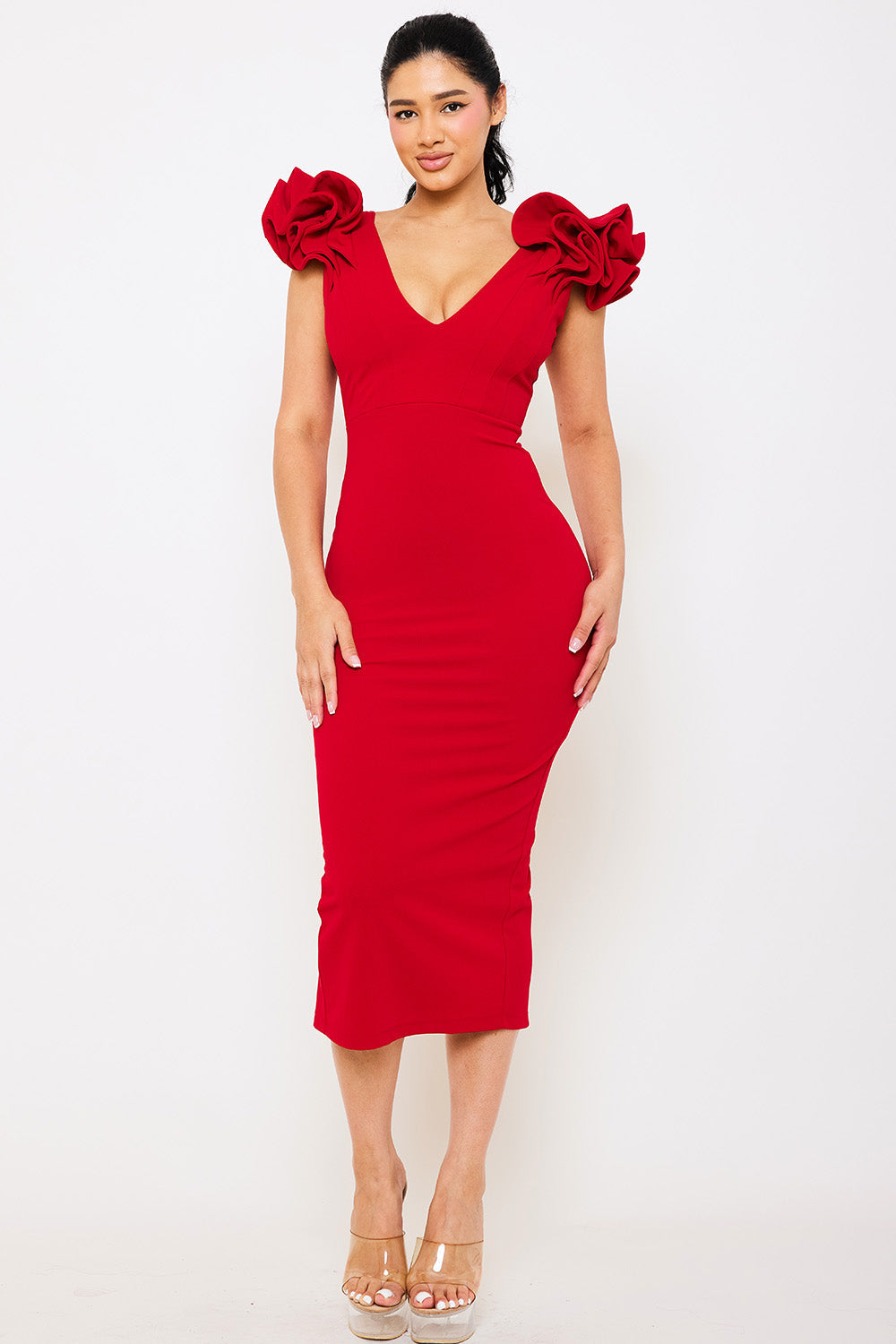Symphony Dress - Ruffle Detail Shoulder Midi Dress | Zezebe