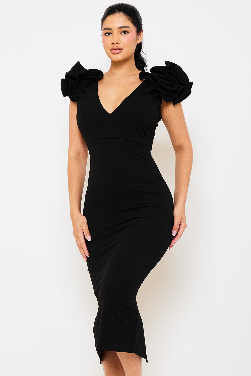 Symphony Dress - Ruffle Detail Shoulder Midi Dress | Zezebe