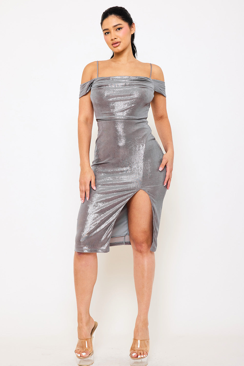 Symphony Dress - Shimmer Satin Off The Shoulder Midi Dress | Zezebe