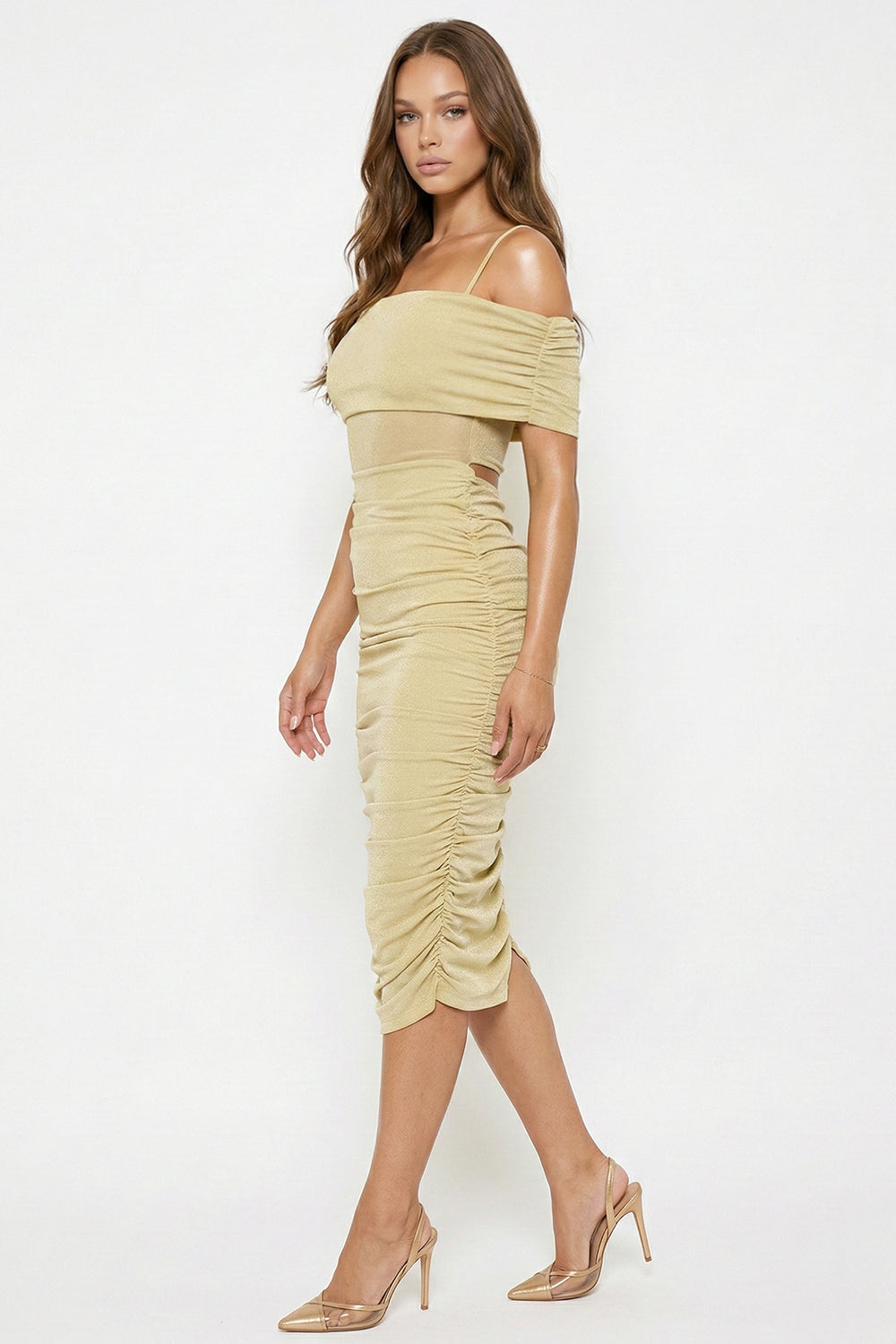 Symphony Dress - Glitter Open Shoulder Midi Dress | Zezebe
