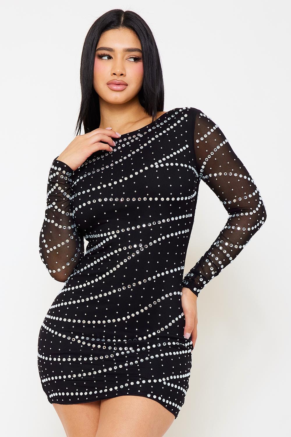 Symphony Dress - Small And Large Rhinestone Patterned Mesh Mini Dress | Zezebe