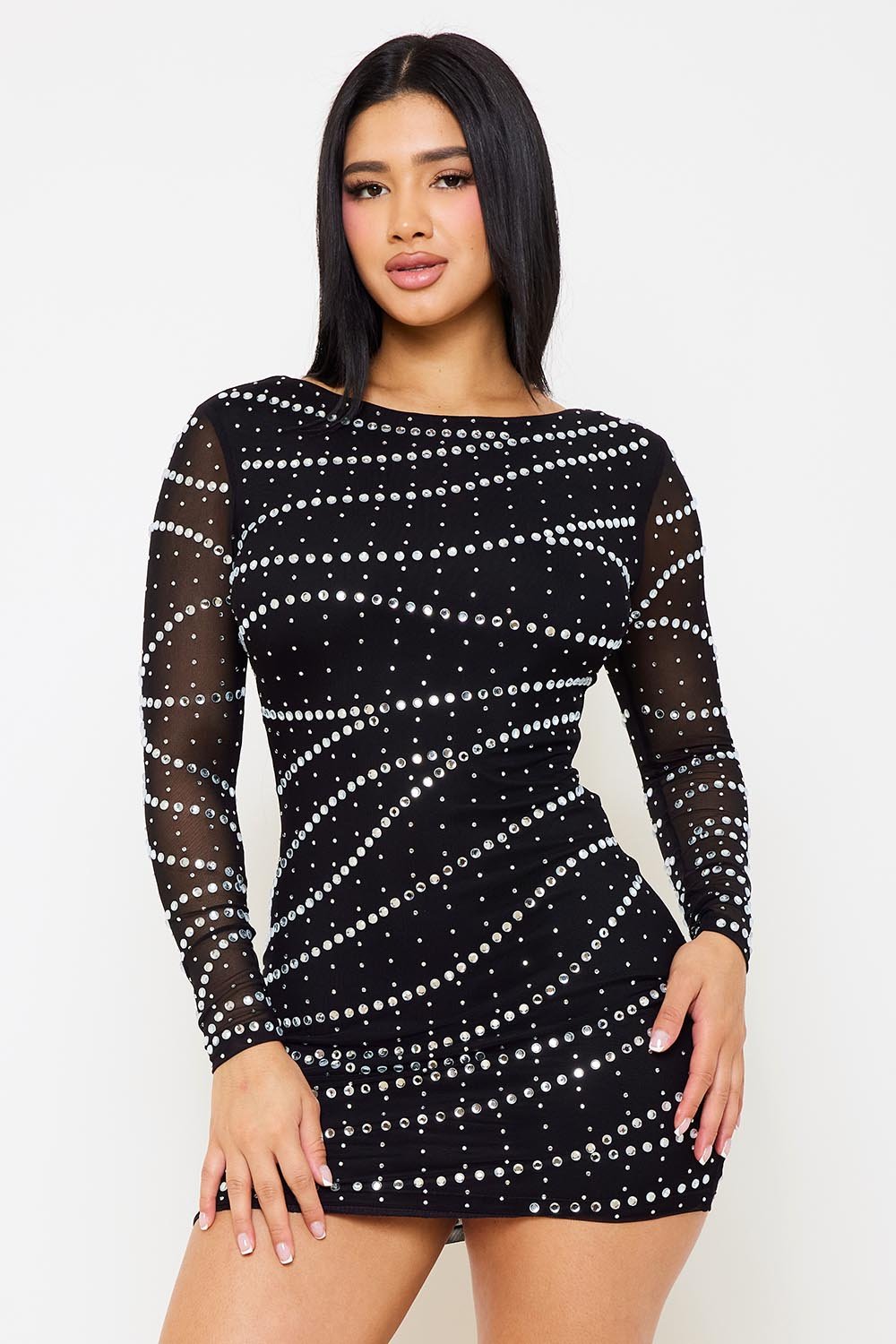 Symphony Dress - Small And Large Rhinestone Patterned Mesh Mini Dress | Zezebe